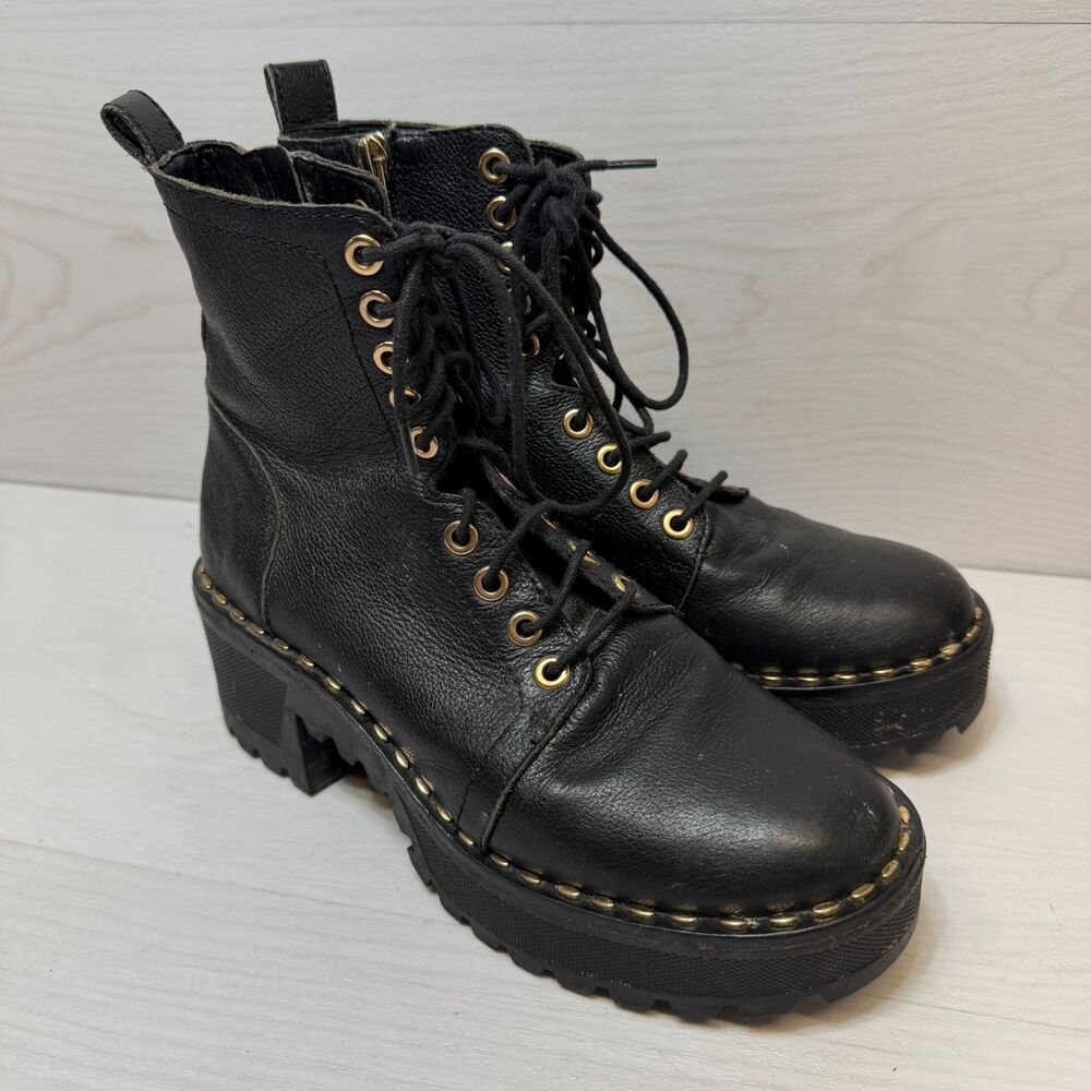 Vince Camuto Mecale Combat Boots Women's Size 6.5 Black Leather Lug Sole Outdoor
